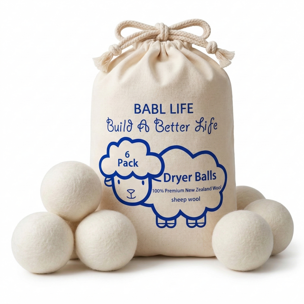 BABL LIFE Wool Dryer Balls 6 Pack, 2.6 Inch, 100% New Zealand Wool, Reusable Natural Fabric Softener for Everyday Laundry