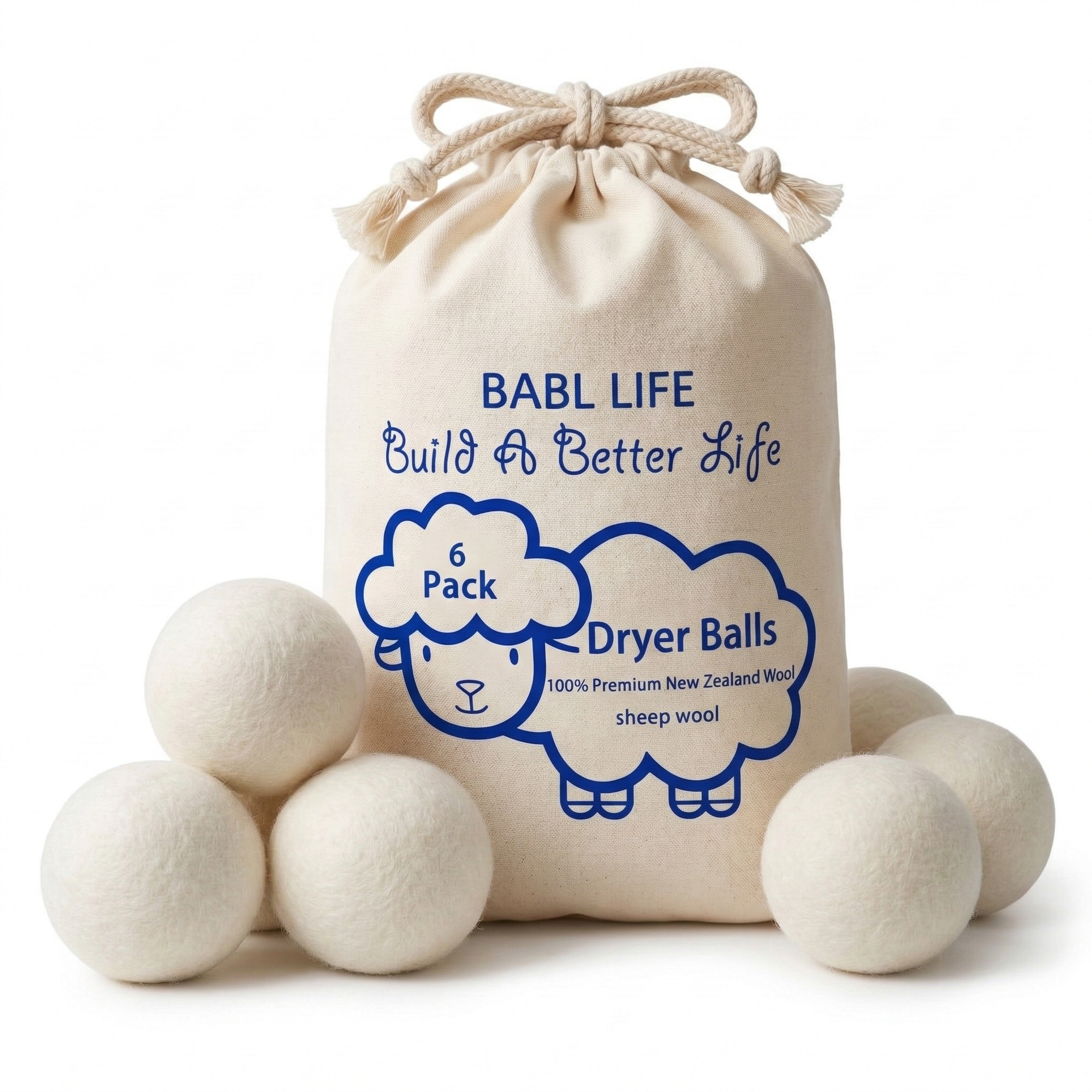 BABL LIFE Wool Dryer Balls 6 Pack, 2.6 Inch, 100% New Zealand Wool, Reusable Natural Fabric Softener for Everyday Laundry