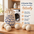 BABL LIFE Wool Dryer Balls 6 Pack, 2.6 Inch, 100% New Zealand Wool, Reusable Natural Fabric Softener for Everyday Laundry