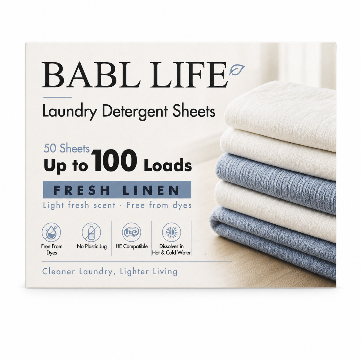 BABL LIFE Laundry Detergent Sheets (50 Count, Fresh Linen)